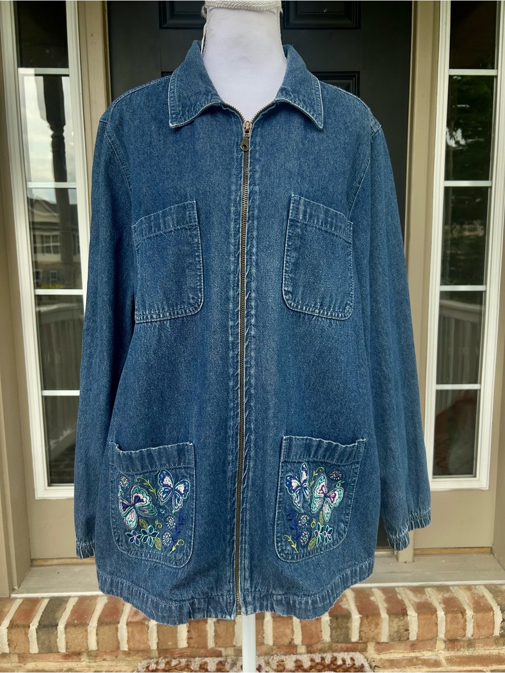 Vintage 2000s denim zipper front lightweight embroidered butterfly chore jacket